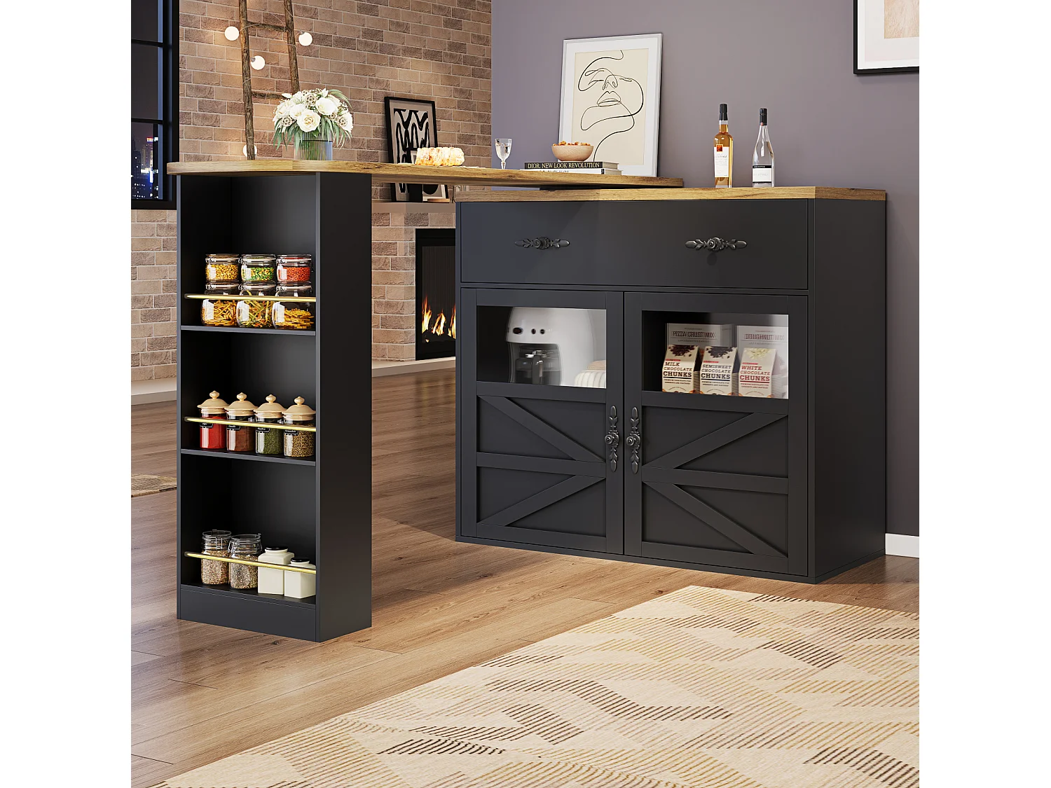 Mesa de bar extensible con espacio de almacenamiento, rotación de 360°, mesa alta móvil moderna con estantes, muebles de cocina, color negro