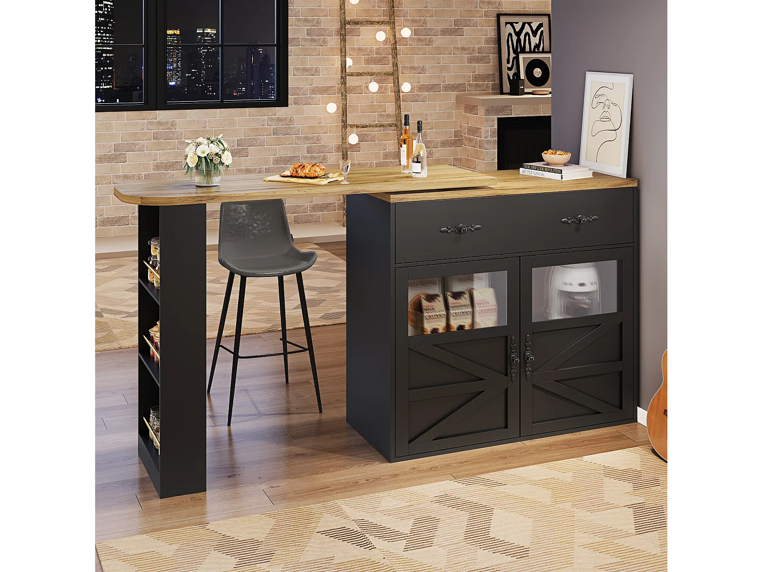 Mesa de bar extensible con espacio de almacenamiento, rotación de 360°, mesa alta móvil moderna con estantes, muebles de cocina, color negro