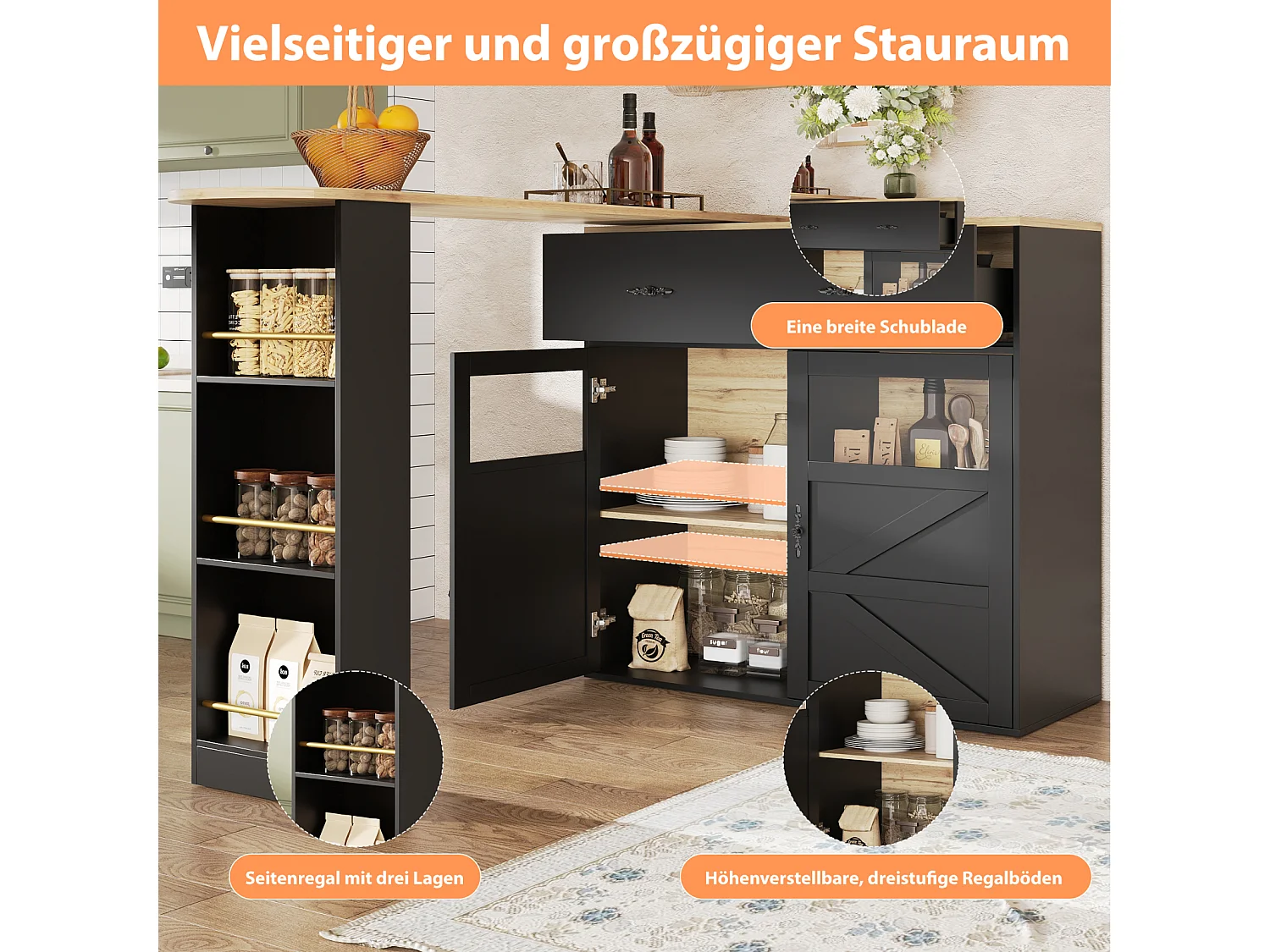 Mesa de bar extensible con espacio de almacenamiento, rotación de 360°, mesa alta móvil moderna con estantes, muebles de cocina, color negro