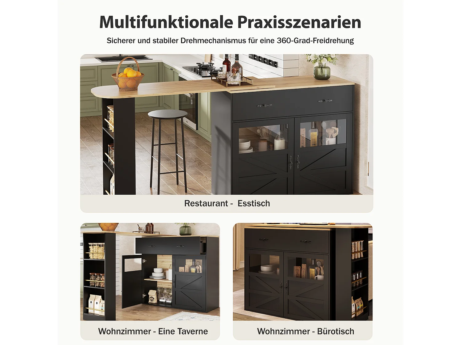 Mesa de bar extensible con espacio de almacenamiento, rotación de 360°, mesa alta móvil moderna con estantes, muebles de cocina, color negro