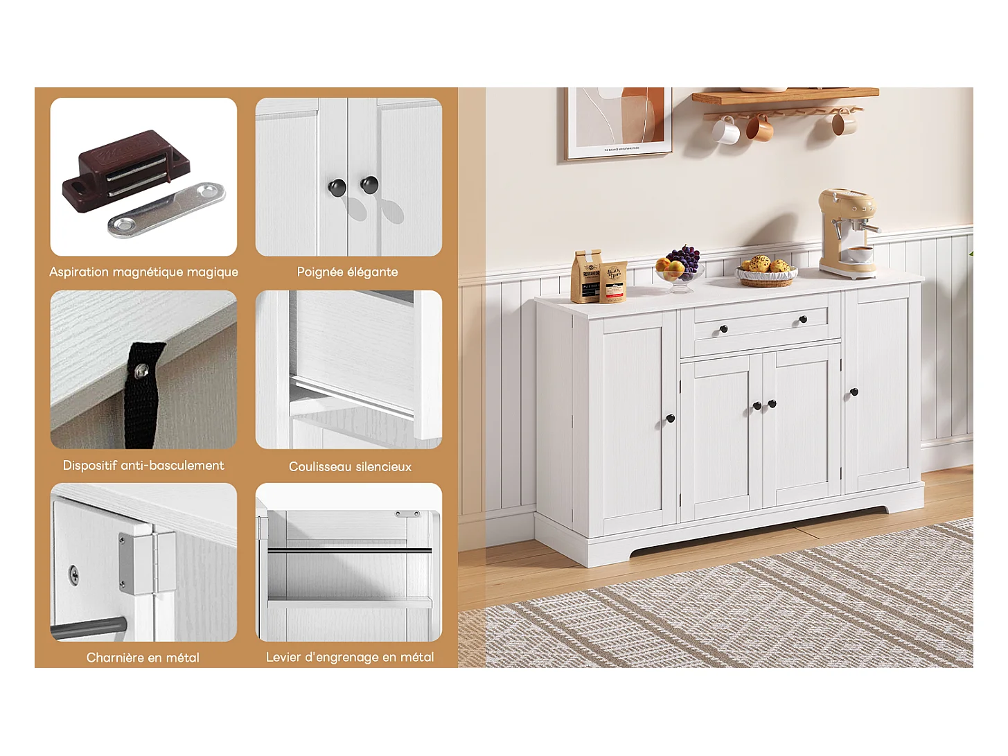 Buffet de cuisine multifonction, portes et étagères réglables, design moderne avec dispositif anti-basculement, idéal cuisine, salon