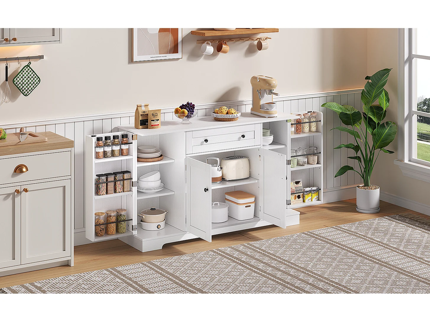 Aparador de cocina multifuncional, puertas y estantes regulables, diseño moderno con dispositivo antivuelco, ideal para cocina, salón