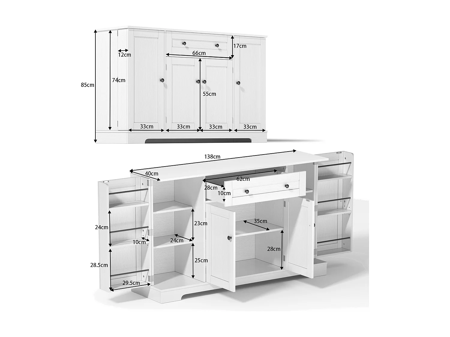 Aparador de cocina multifuncional, puertas y estantes regulables, diseño moderno con dispositivo antivuelco, ideal para cocina, salón