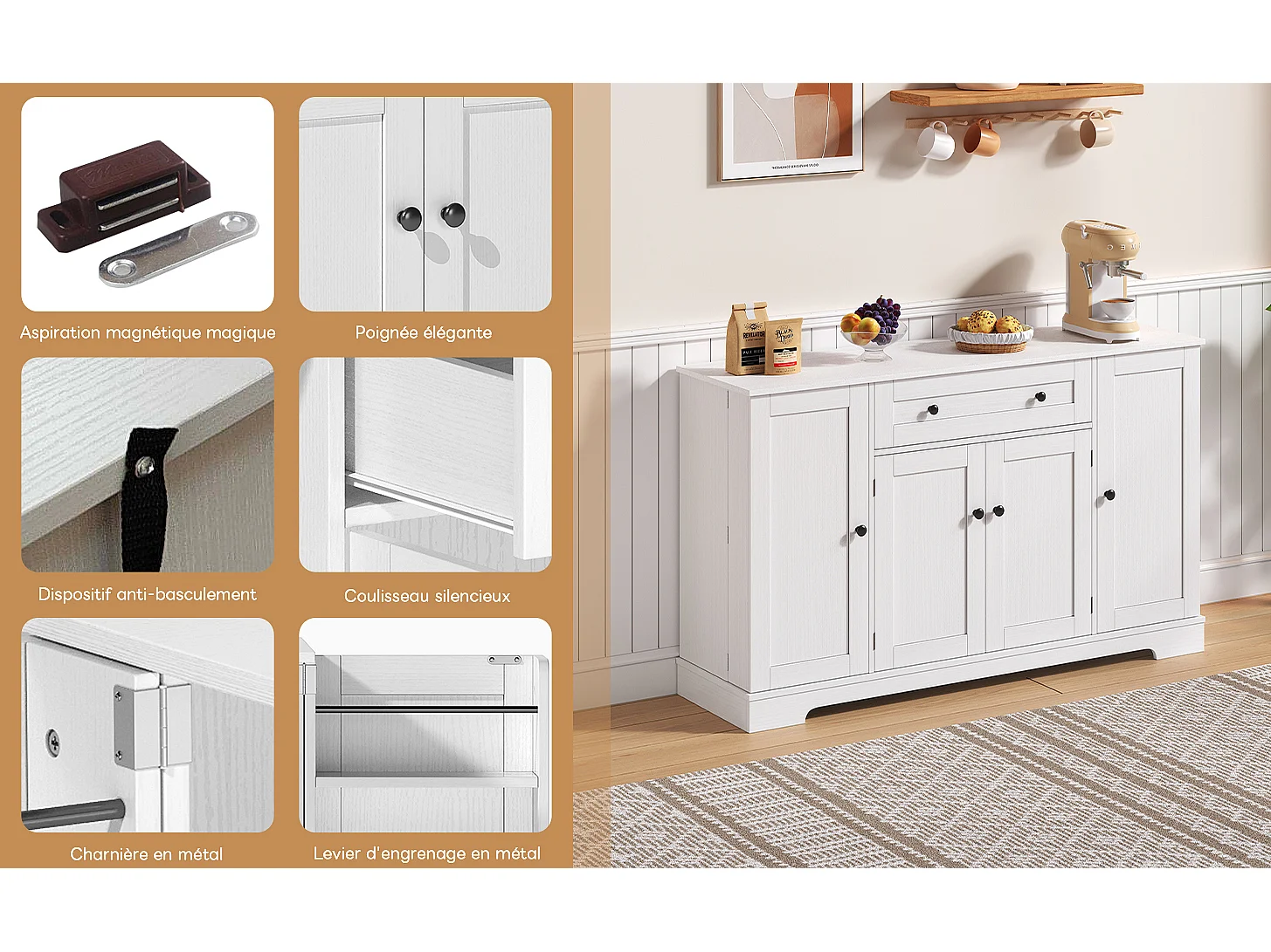 Aparador de cocina multifuncional, puertas y estantes regulables, diseño moderno con dispositivo antivuelco, ideal para cocina, salón