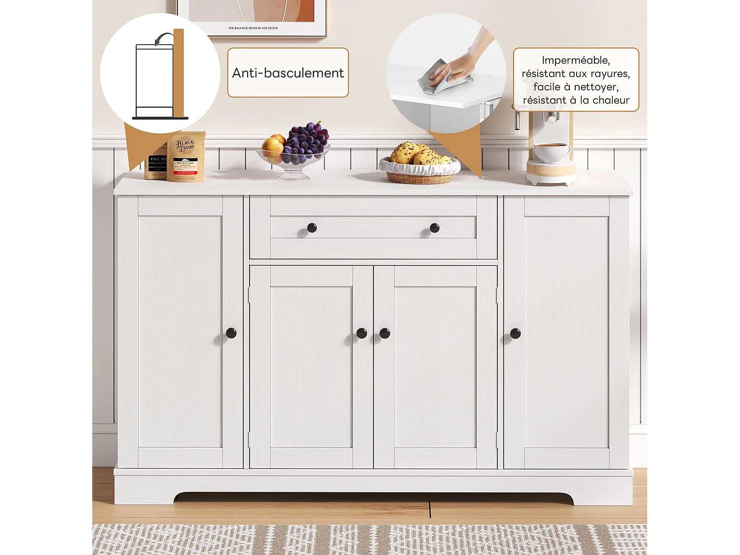 Aparador de cocina multifuncional, puertas y estantes regulables, diseño moderno con dispositivo antivuelco, ideal para cocina, salón