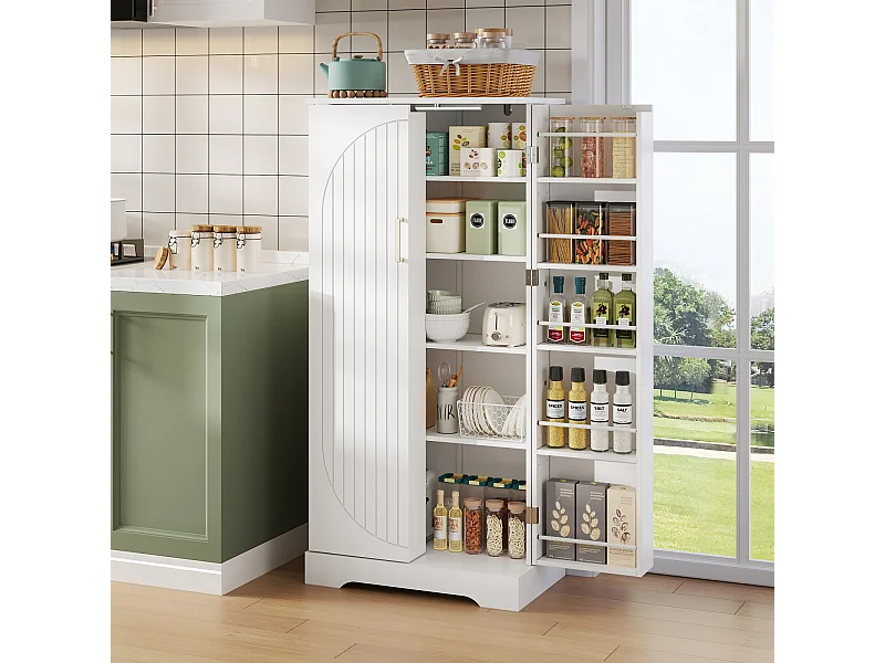 Aparador multifuncional blanco, iluminación con sensor LED, estantes regulables, dispositivo antivuelco, ideal para cocina, salón y comedor