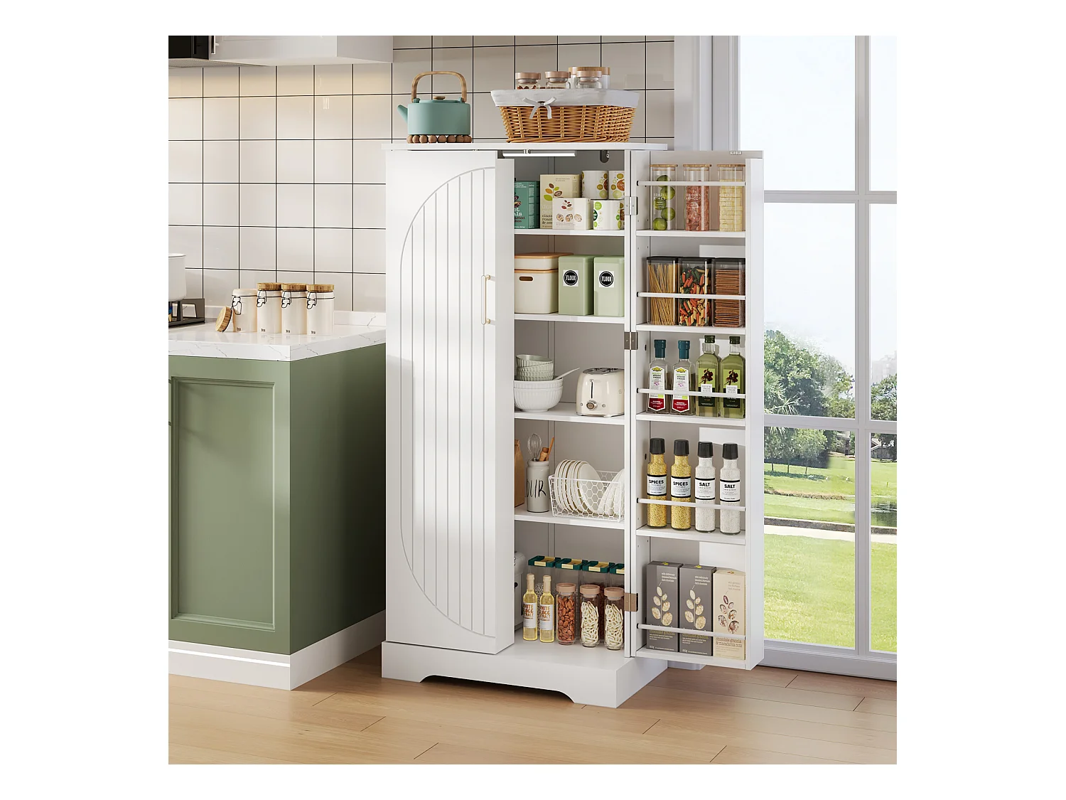 Wit multifunctioneel dressoir, LED-sensorverlichting, verstelbare planken, kantelbeveiliging, ideaal voor keuken, woonkamer en eetkamer