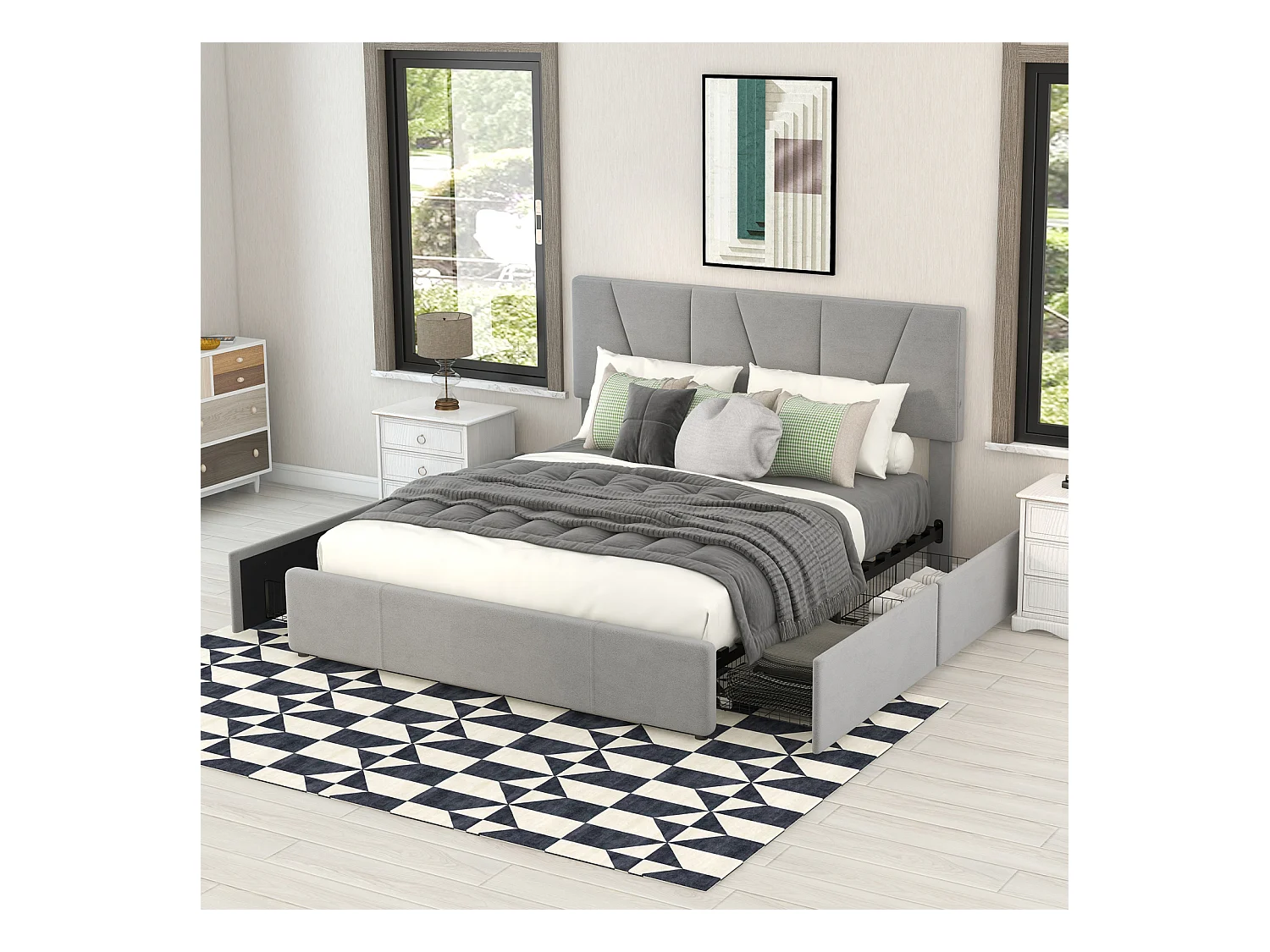 Lit double 140x200 cm en tissu gris – 4 tiroirs latéraux et tête de lit réglable, lit coffre capitonné