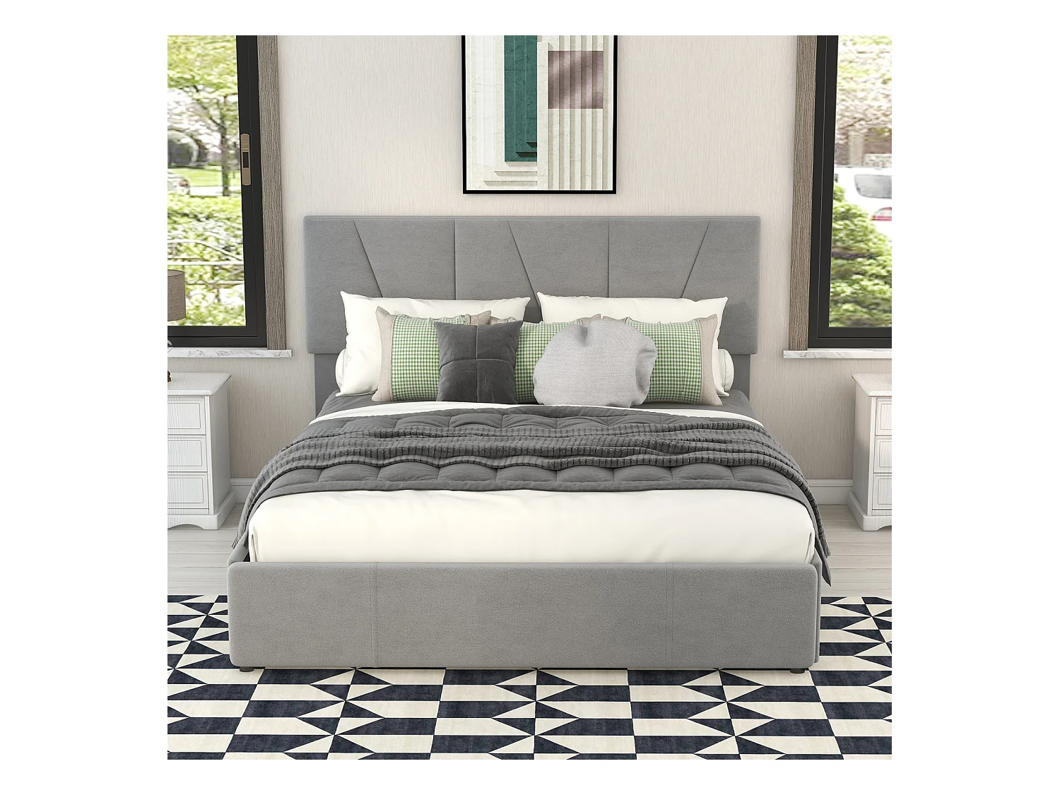 Lit double 140x200 cm en tissu gris – 4 tiroirs latéraux et tête de lit réglable, lit coffre capitonné