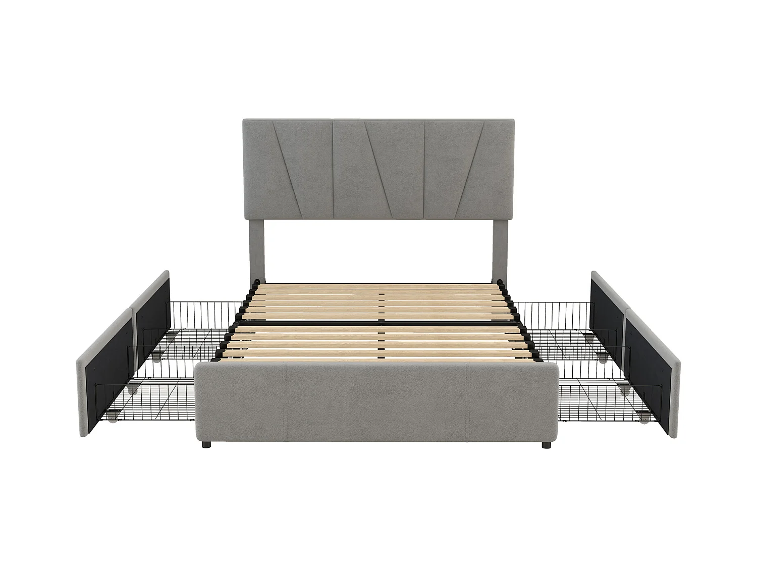 Lit double 140x200 cm en tissu gris – 4 tiroirs latéraux et tête de lit réglable, lit coffre capitonné