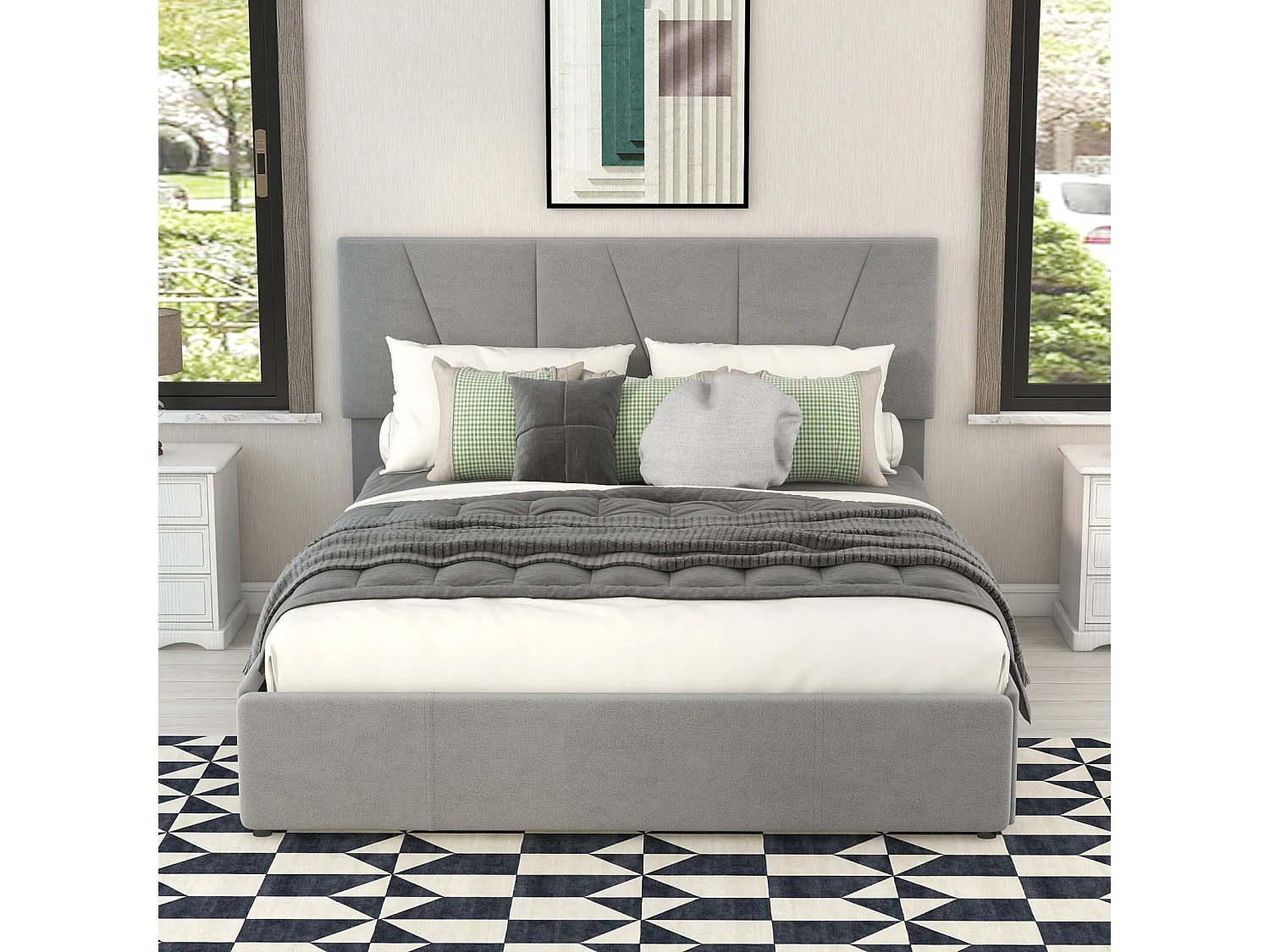 Lit double 140x200 cm en tissu gris – 4 tiroirs latéraux et tête de lit réglable, lit coffre capitonné