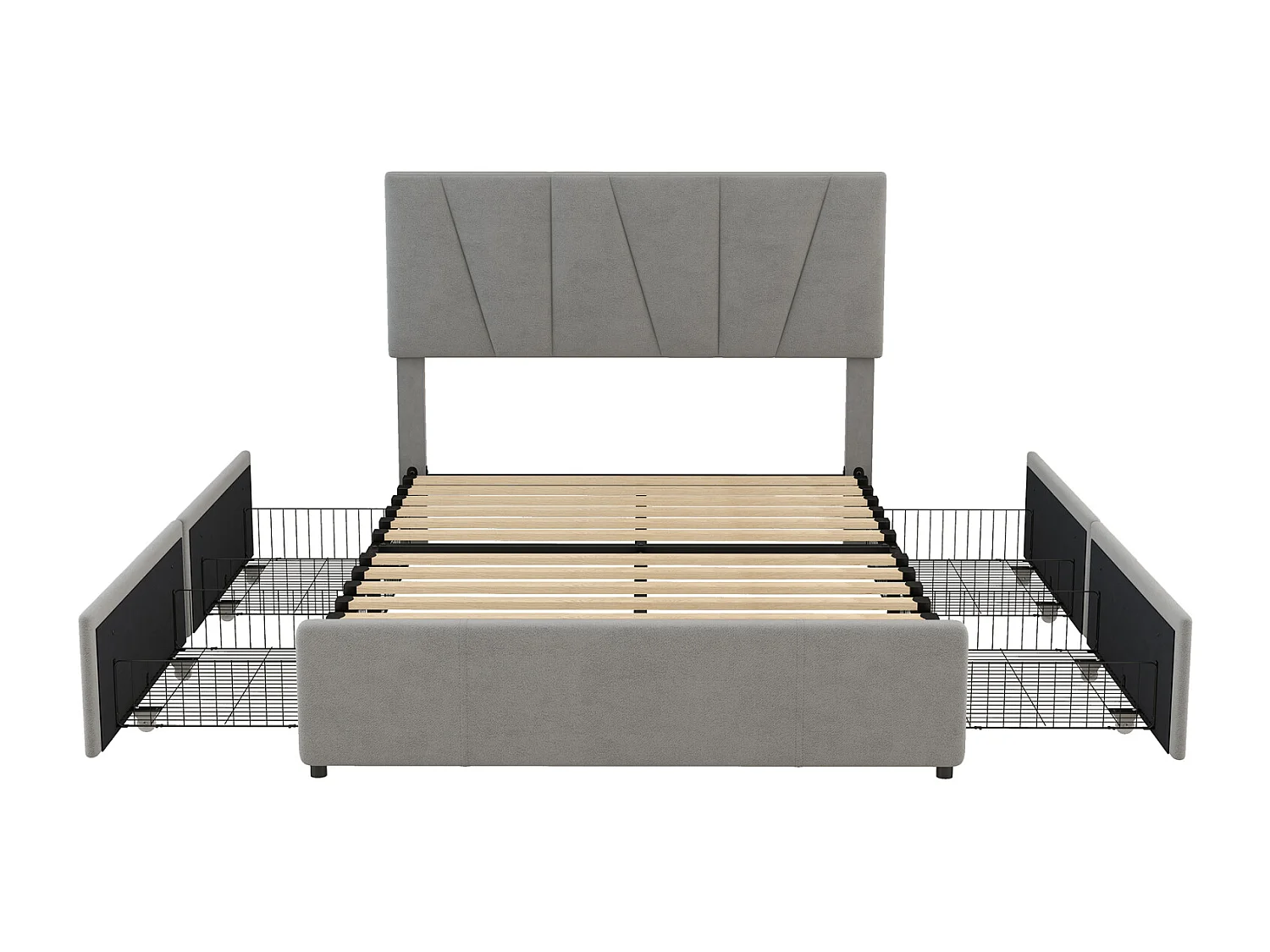 Lit double 140x200 cm en tissu gris – 4 tiroirs latéraux et tête de lit réglable, lit coffre capitonné