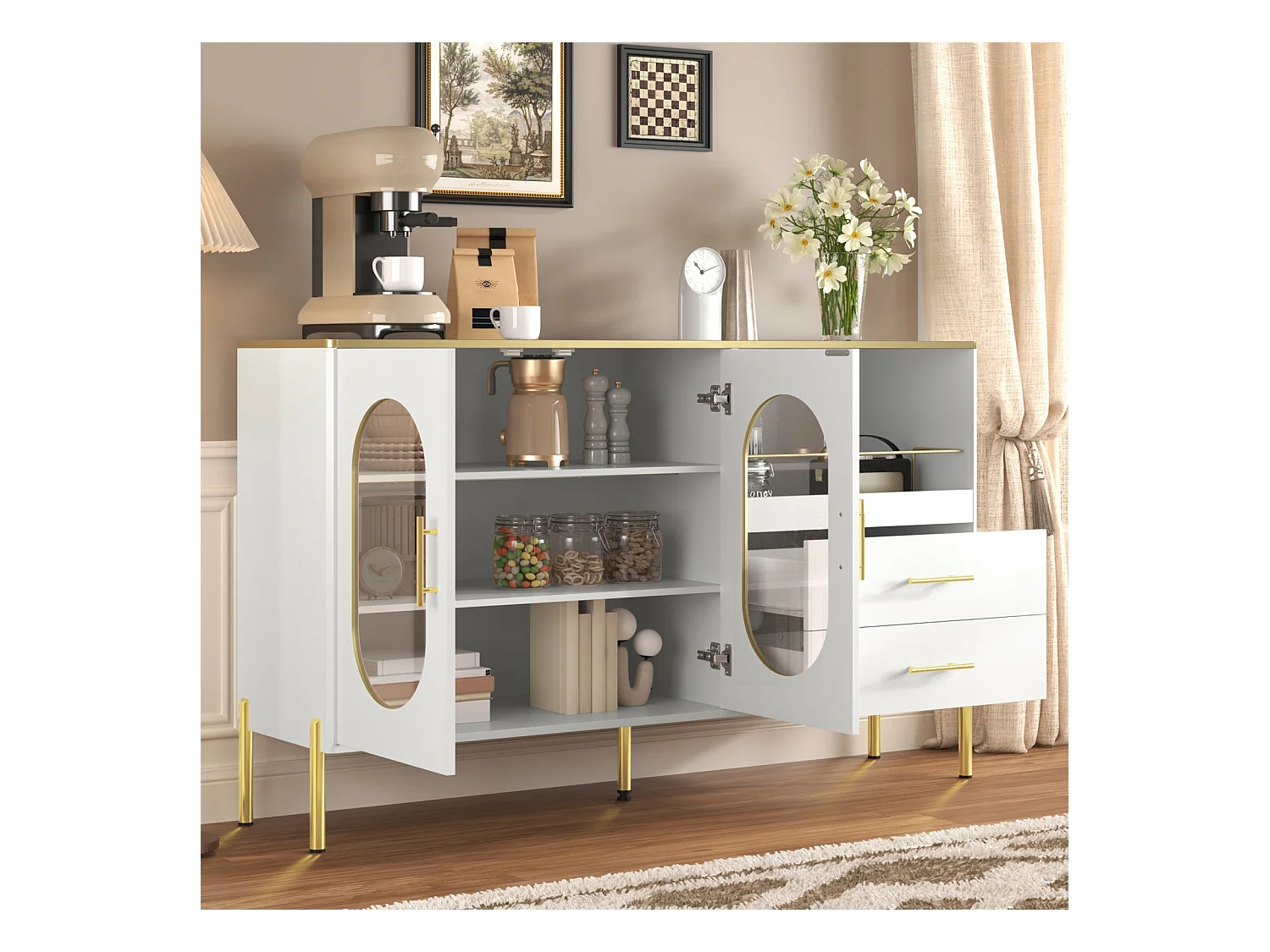 Buffet avec 2 tiroirs et 2 portes vitrées, Commode moderne blanche avec accents dorés, Salon, salle à manger ou entrée