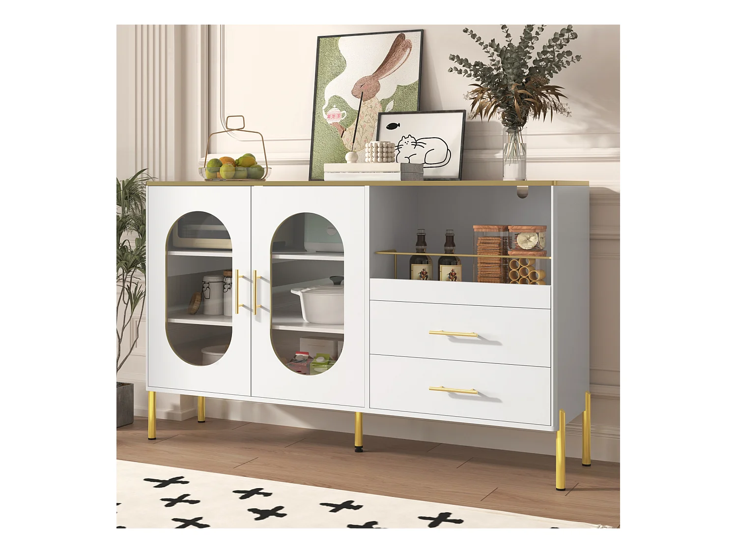 Buffet avec 2 tiroirs et 2 portes vitrées, Commode moderne blanche avec accents dorés, Salon, salle à manger ou entrée
