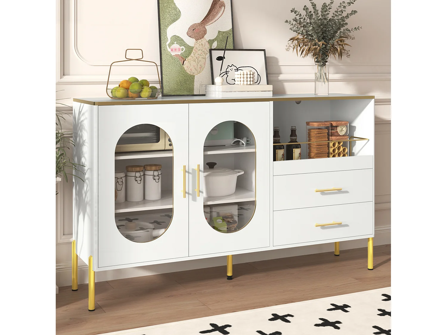 Aparador con 2 cajones y 2 puertas de cristal, Cómoda moderna blanca con detalles dorados, Sala, comedor o entrada