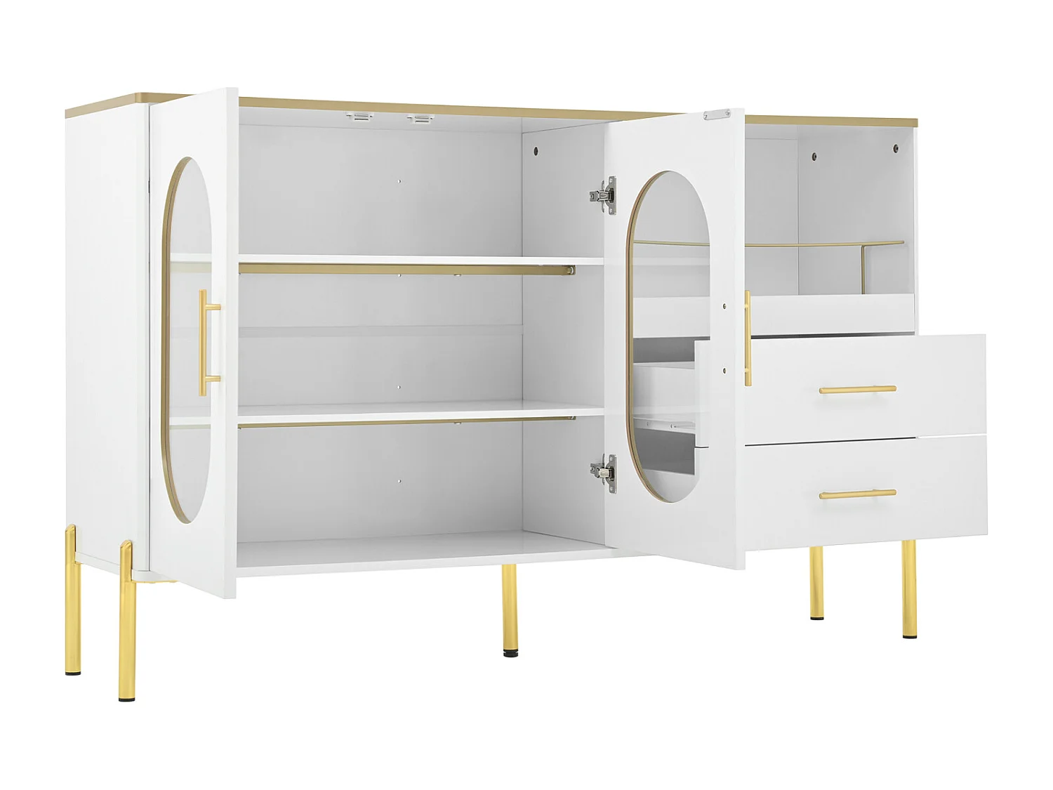 Aparador con 2 cajones y 2 puertas de cristal, Cómoda moderna blanca con detalles dorados, Sala, comedor o entrada