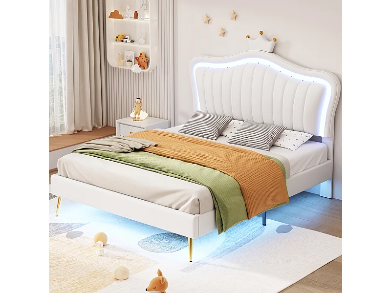 Cama niña 140x200 cm en polipiel blanca con LED – Cabecero Crown, base incluida, sin colchón