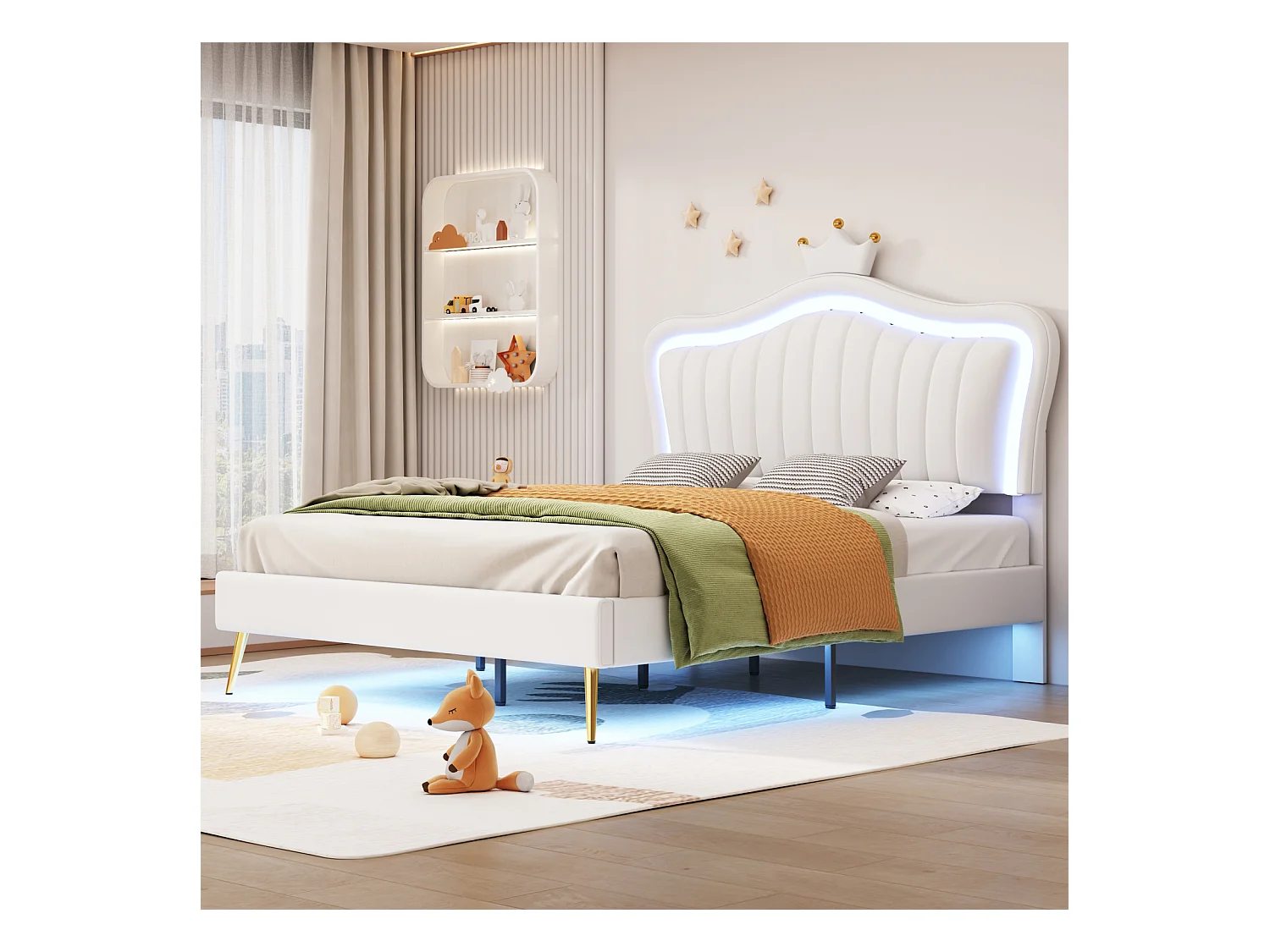 Cama de menina 140x200 cm em pele sintética branca com LED – Cabeceira Crown, base incluída, sem colchão