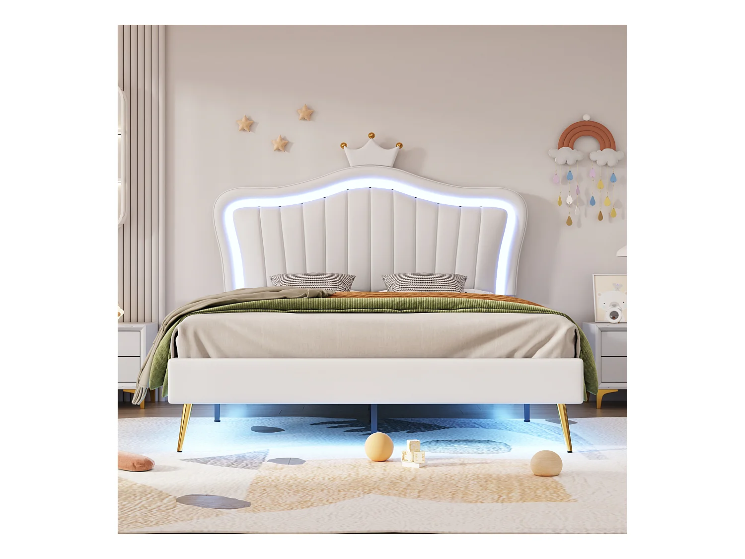 Cama de menina 140x200 cm em pele sintética branca com LED – Cabeceira Crown, base incluída, sem colchão