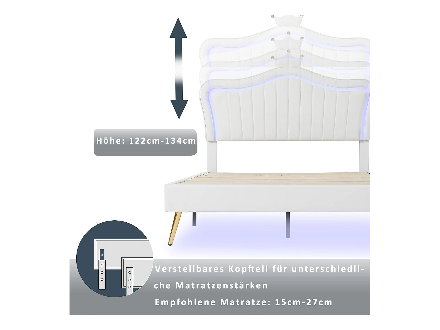 Cama de menina 140x200 cm em pele sintética branca com LED – Cabeceira Crown, base incluída, sem colchão