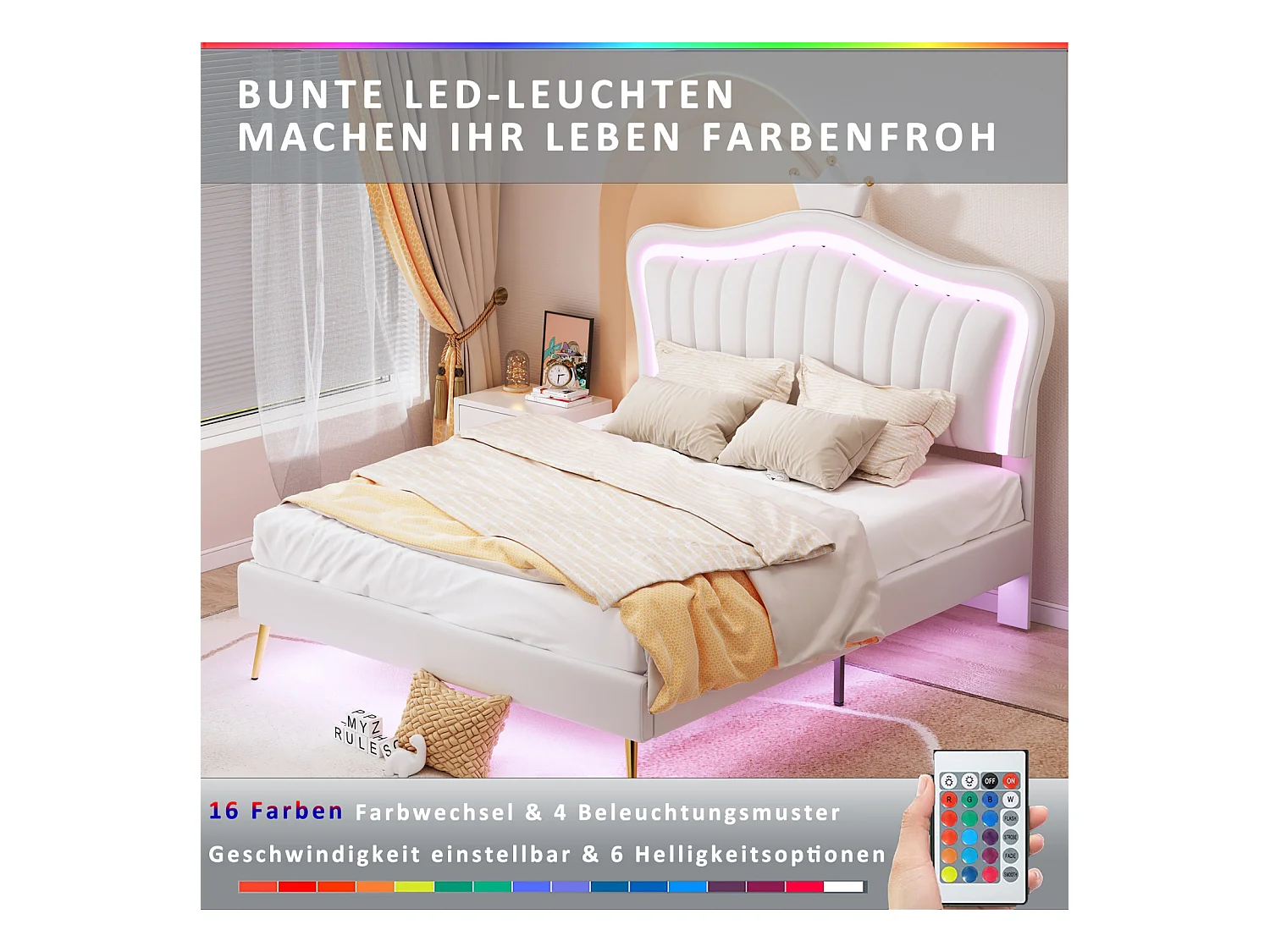 Cama de menina 140x200 cm em pele sintética branca com LED – Cabeceira Crown, base incluída, sem colchão