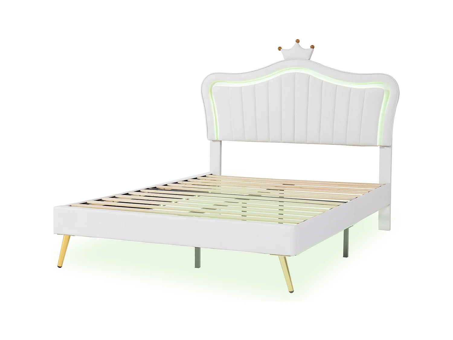 Cama de menina 140x200 cm em pele sintética branca com LED – Cabeceira Crown, base incluída, sem colchão