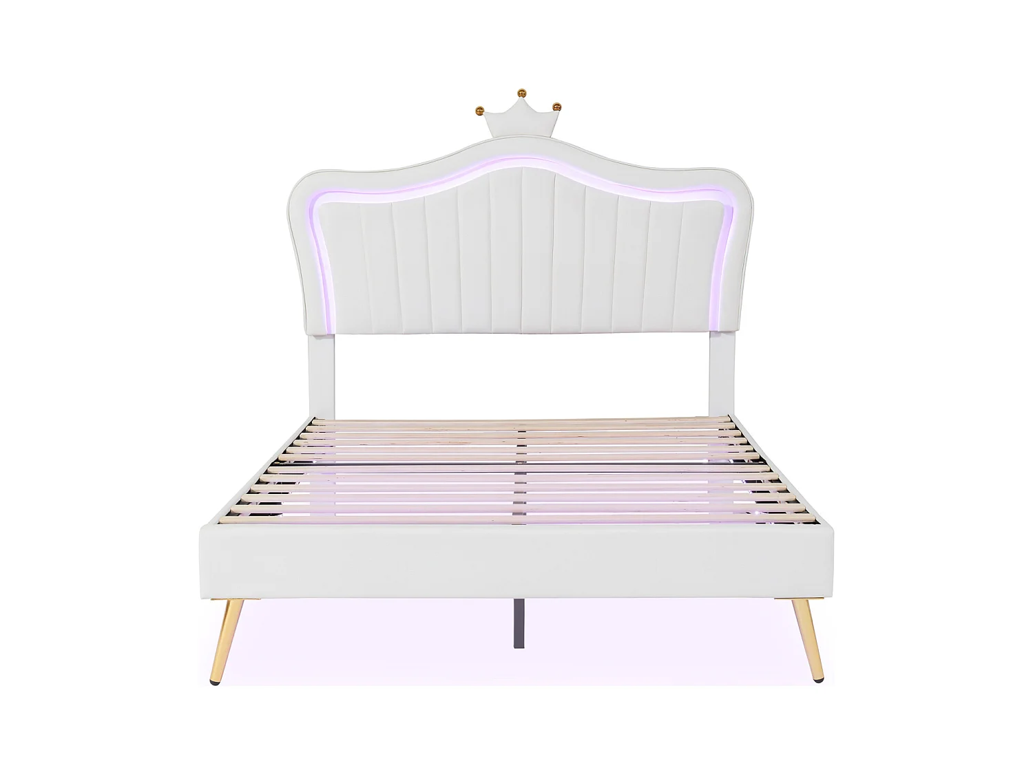 Cama de menina 140x200 cm em pele sintética branca com LED – Cabeceira Crown, base incluída, sem colchão