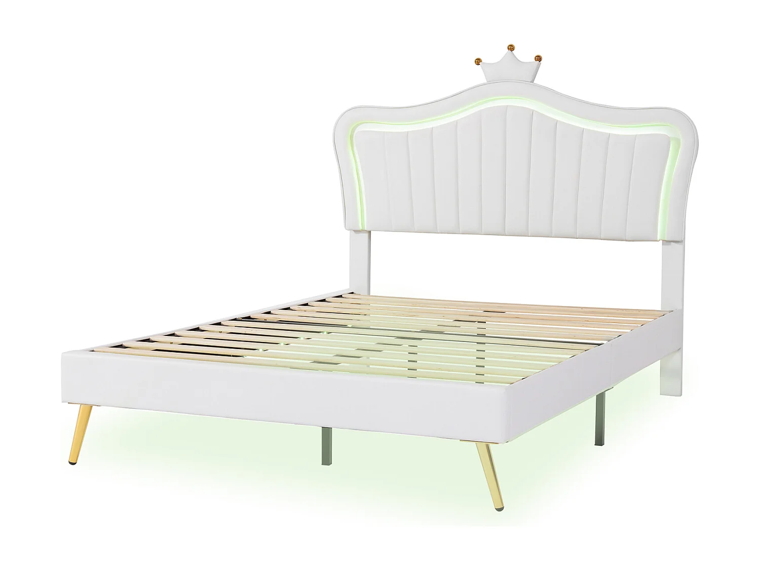 Meisjesbed 140x200 cm in wit imitatieleer met LED-verlichting – Crown hoofdbord, inclusief bedbodem, zonder matras