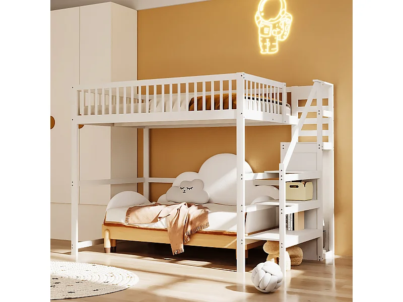 Lit mezzanine 140x200 cm en bois blanc – Avec escalier, étagère de rangement et armoire simple