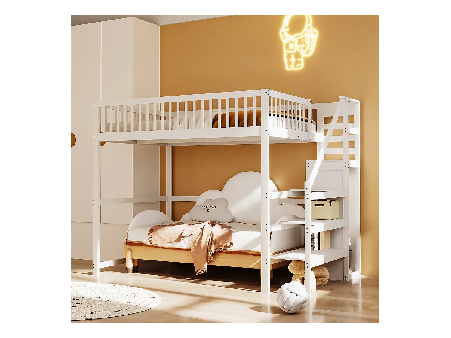 Lit mezzanine 140x200 cm en bois blanc – Avec escalier, étagère de rangement et armoire simple