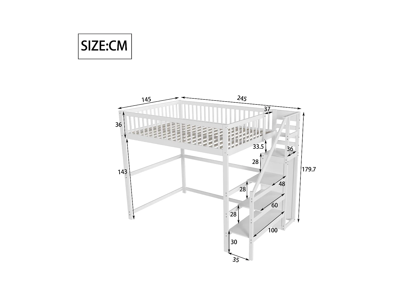 Lit mezzanine 140x200 cm en bois blanc – Avec escalier, étagère de rangement et armoire simple