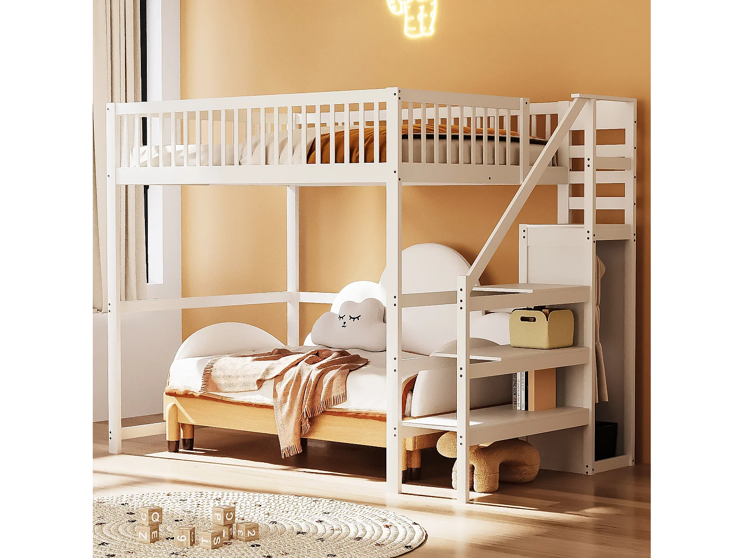 Cama mezanino de madeira branca 140x200 cm - Com escada, prateleira de armazenamento e guarda-roupa simples