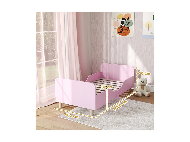 Cadre de lit enfant AIYAPLAY en MDF rose – Lit simple avec barrières de sécurité, sans matelas