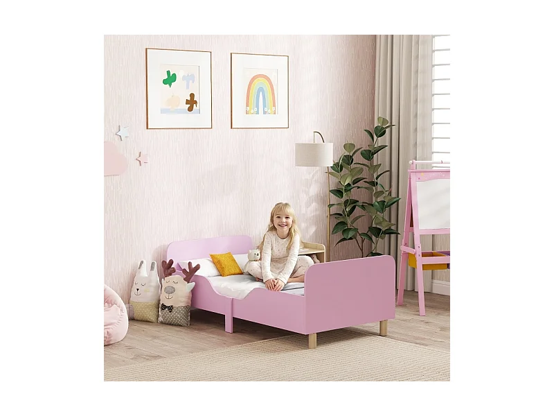 AIYAPLAY Roze MDF Kinderbedframe - Eenpersoonsbed met Veiligheidsrails, Zonder Matras