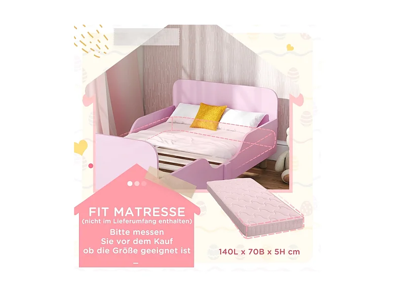 AIYAPLAY Rosa MDF Kinderbettgestell - Einzelbett mit Sicherheitsgitter, ohne Matratze