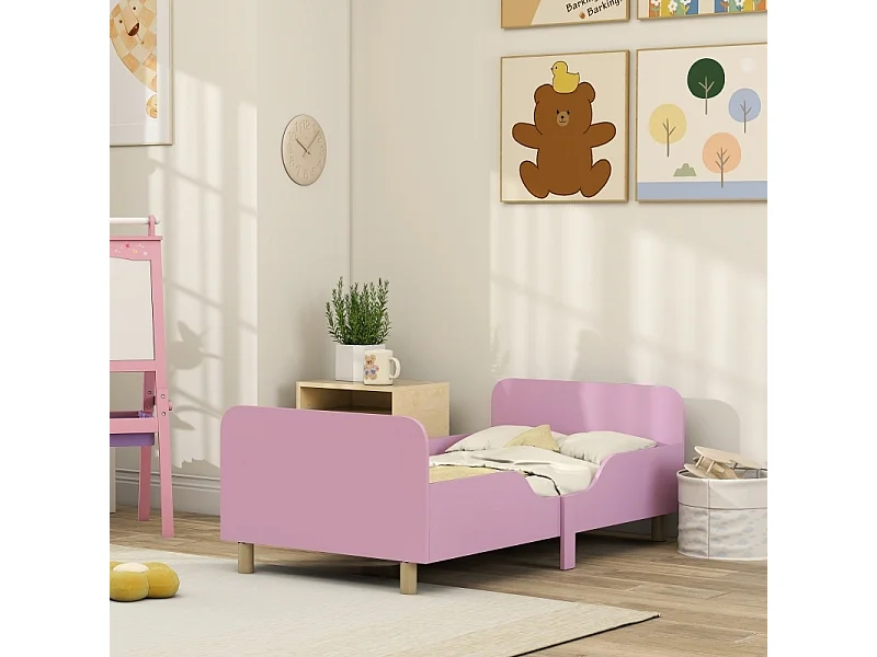 Cadre de lit enfant AIYAPLAY en MDF rose – Lit simple avec barrières de sécurité, sans matelas