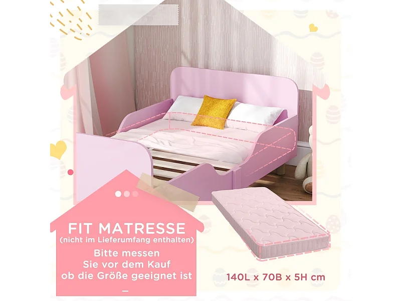 Estrutura de cama infantil AIYAPLAY em MDF rosa - Cama de solteiro com grades de segurança, sem colchão