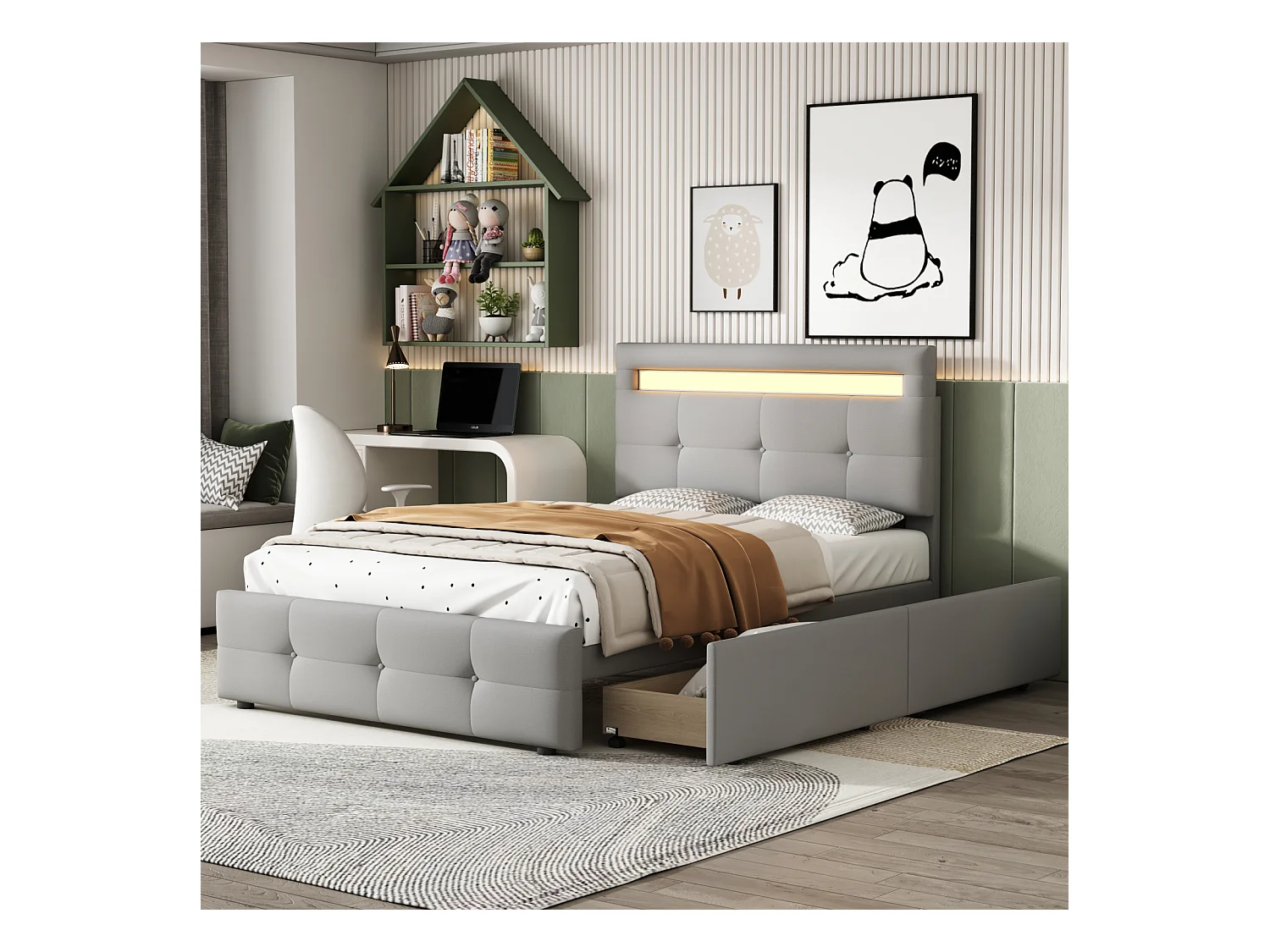 Eenpersoonsbed 90x200 cm in grijze stof met LED en 2 lades – Kinder-, tiener- of extra bed, zachte bekleding