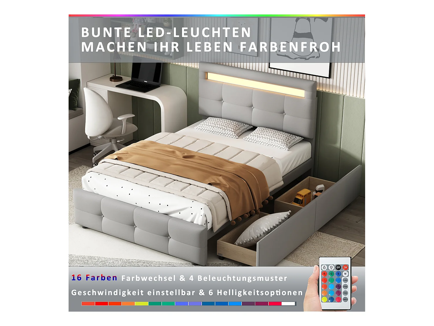Eenpersoonsbed 90x200 cm in grijze stof met LED en 2 lades – Kinder-, tiener- of extra bed, zachte bekleding