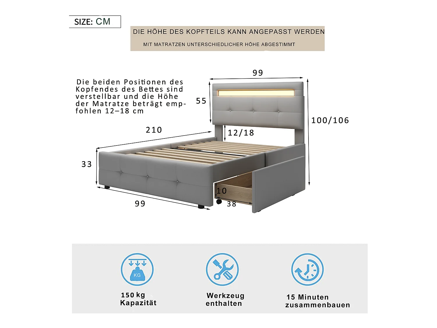 Eenpersoonsbed 90x200 cm in grijze stof met LED en 2 lades – Kinder-, tiener- of extra bed, zachte bekleding