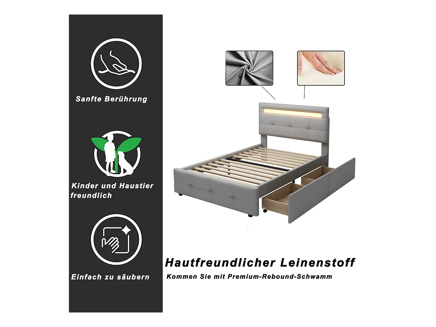 Eenpersoonsbed 90x200 cm in grijze stof met LED en 2 lades – Kinder-, tiener- of extra bed, zachte bekleding