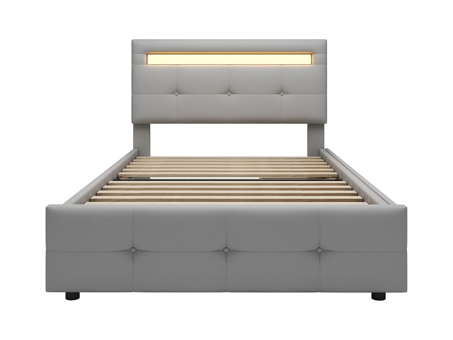 Eenpersoonsbed 90x200 cm in grijze stof met LED en 2 lades – Kinder-, tiener- of extra bed, zachte bekleding