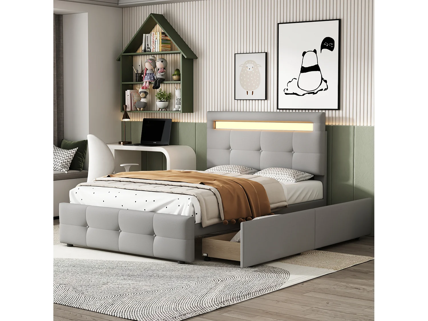 Lit simple 90x200 cm en tissu gris avec LED et 2 tiroirs – Lit enfant, ado ou d’appoint, revêtement doux