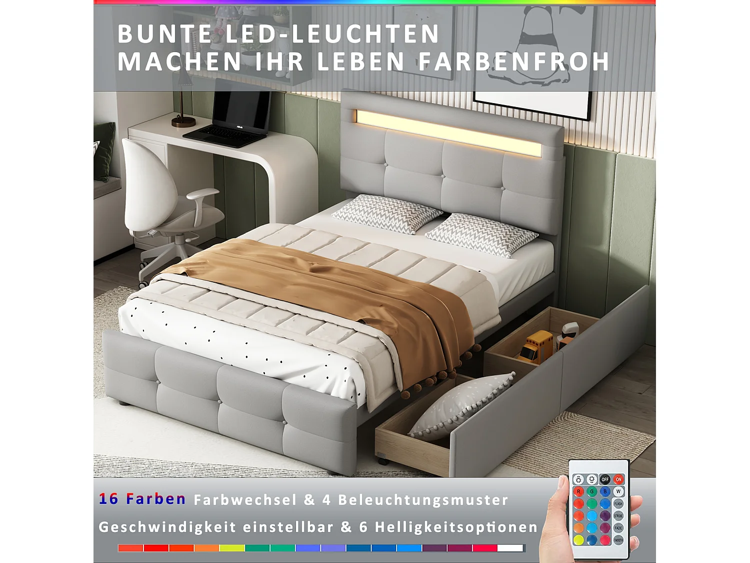 Lit simple 90x200 cm en tissu gris avec LED et 2 tiroirs – Lit enfant, ado ou d’appoint, revêtement doux