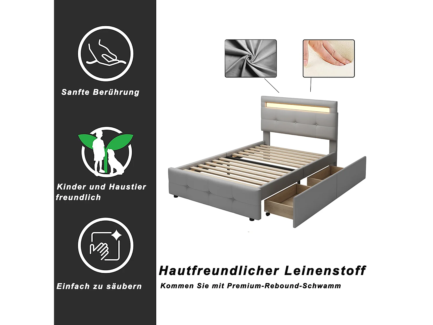 Lit simple 90x200 cm en tissu gris avec LED et 2 tiroirs – Lit enfant, ado ou d’appoint, revêtement doux