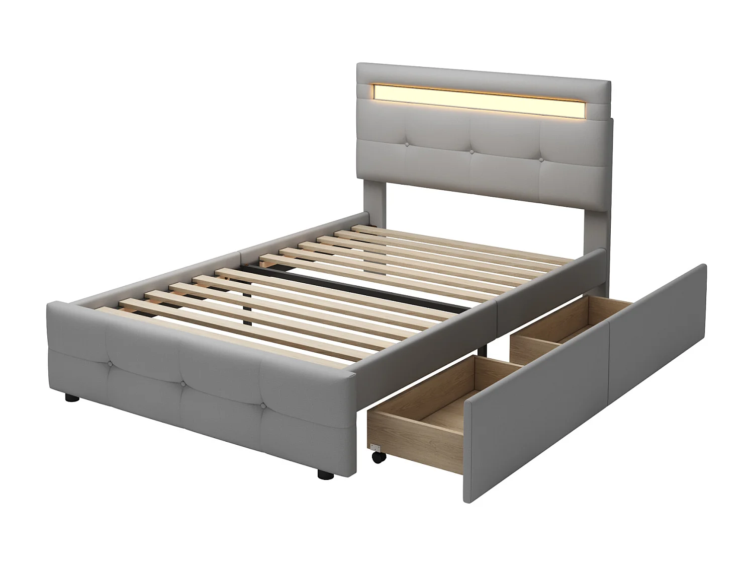 Lit simple 90x200 cm en tissu gris avec LED et 2 tiroirs – Lit enfant, ado ou d’appoint, revêtement doux