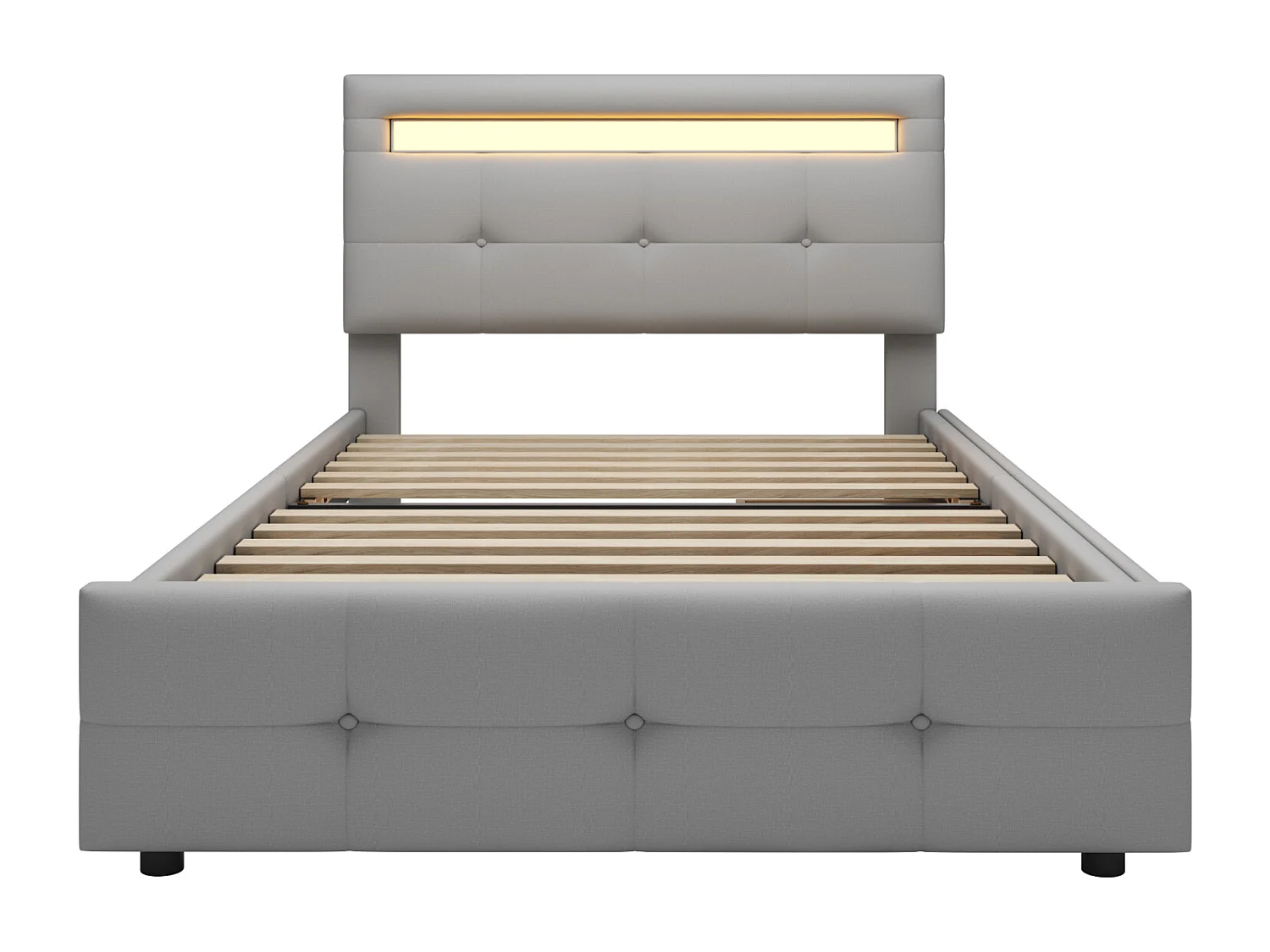 Lit simple 90x200 cm en tissu gris avec LED et 2 tiroirs – Lit enfant, ado ou d’appoint, revêtement doux