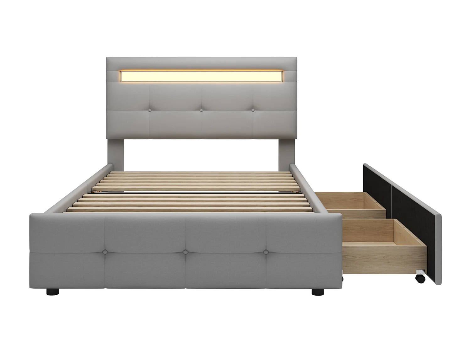 Lit simple 90x200 cm en tissu gris avec LED et 2 tiroirs – Lit enfant, ado ou d’appoint, revêtement doux
