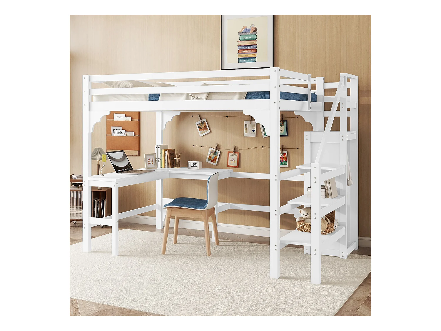 Letto a soppalco 140x200 cm in pino bianco – scrivania a L, armadio a giorno, design minimalista