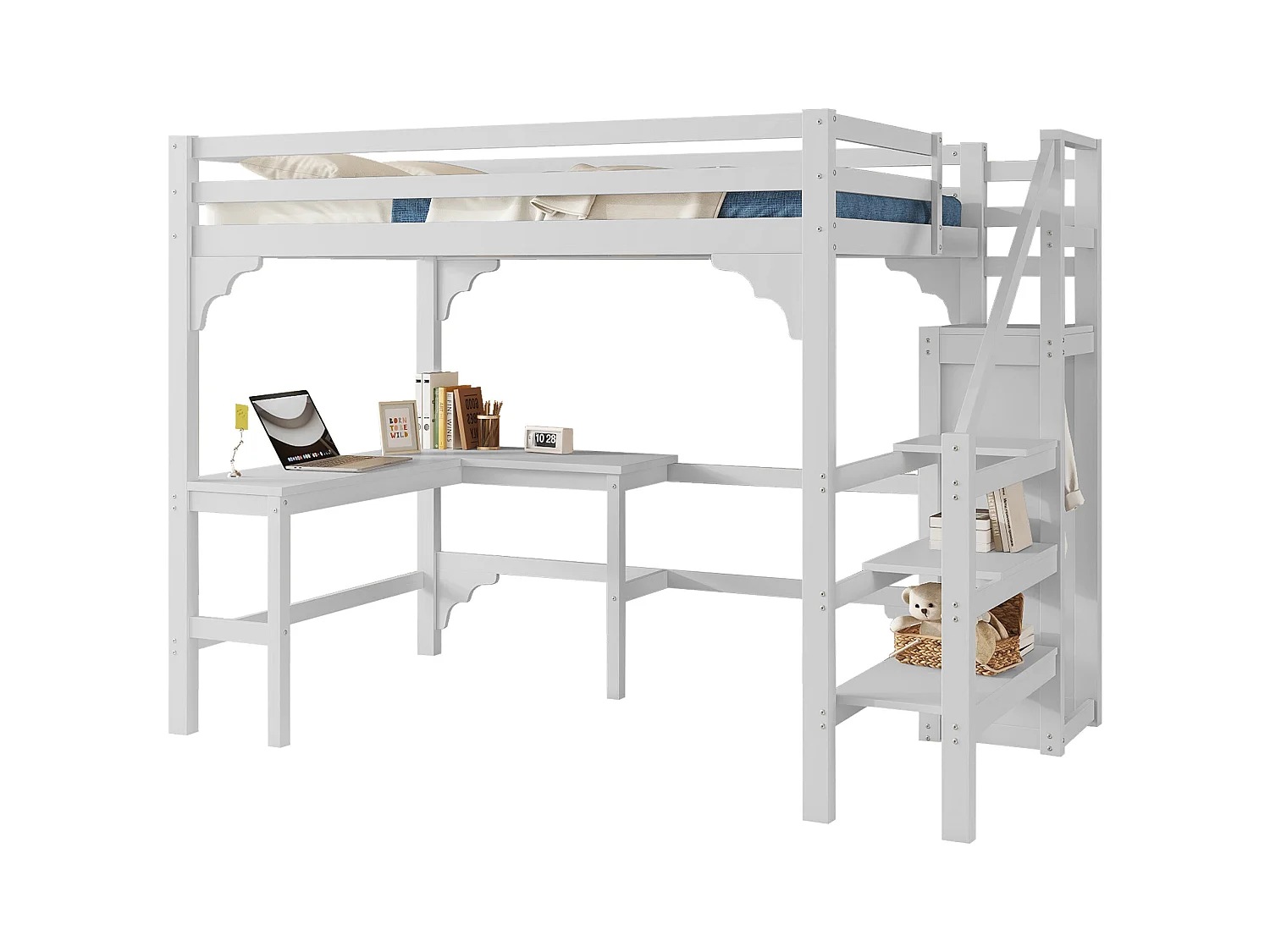 Letto a soppalco 140x200 cm in pino bianco – scrivania a L, armadio a giorno, design minimalista